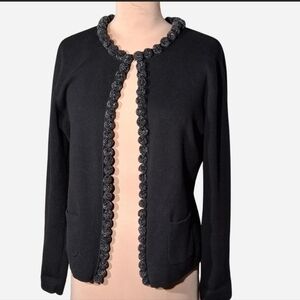 Talbots Knit Black Cardigan With Pom Pom Detailing. Size Medium